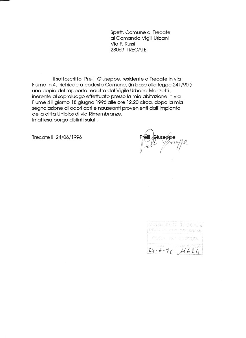Lettera Al Comune Per Richiesta Locali Aria di Unibios - Lettere e documenti vari.